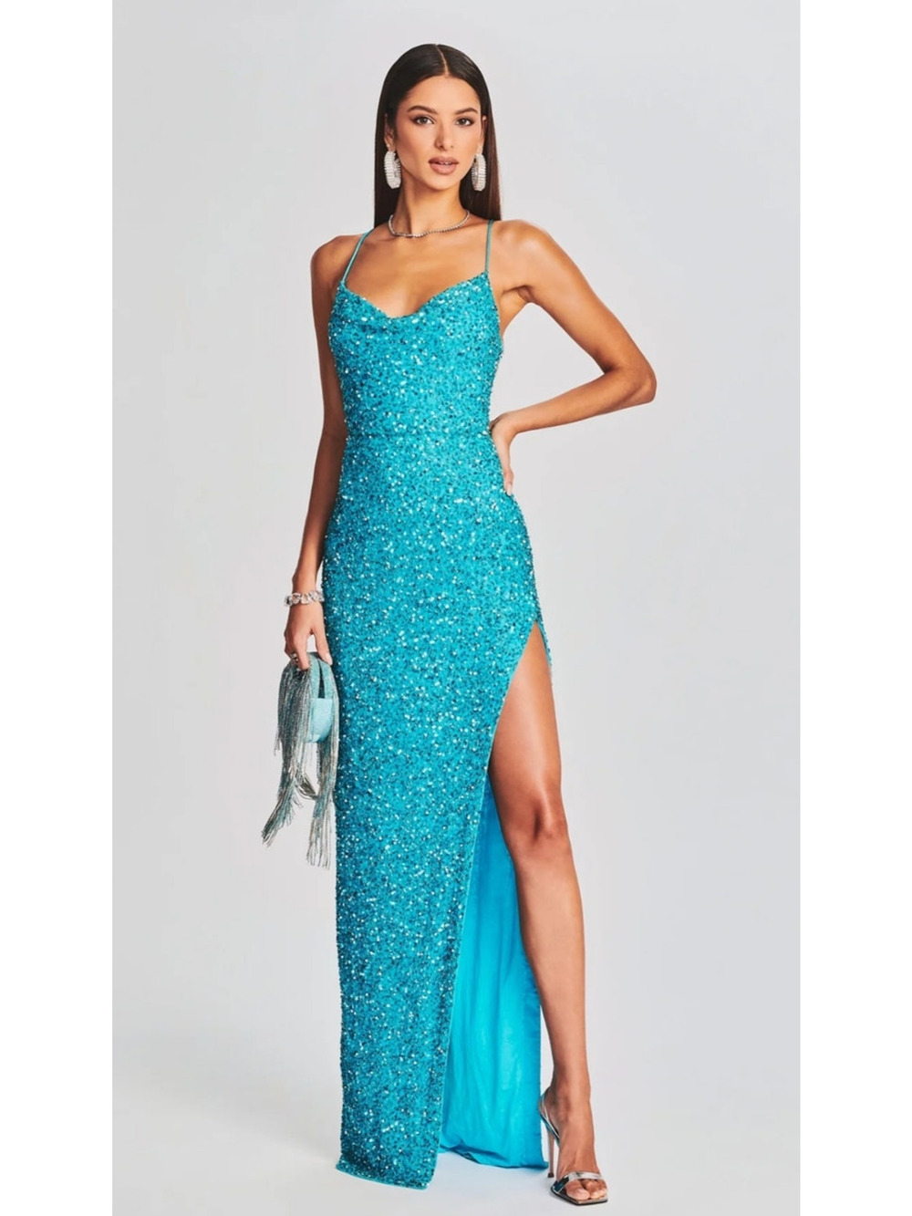 Retrofete Loretta Sequin Maxi Dress in Aqua Blue Size Large Sleeveless NWT